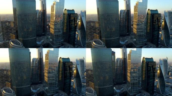 莫斯科国际商务中心摩天大楼的日落航拍。