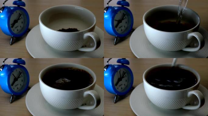 用茶匙将速溶咖啡涂在白色杯子中。