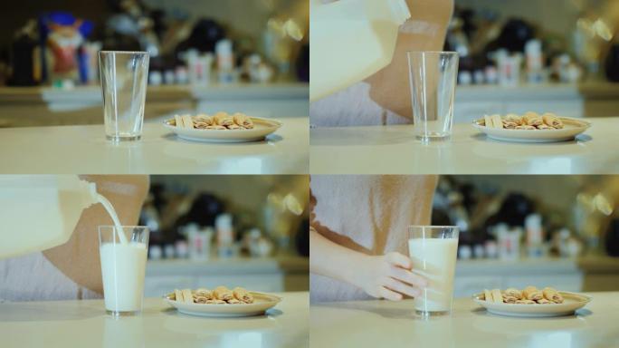 面目全非的女人把牛奶倒进玻璃杯里喝。新的一天的良好开端，健康饮食