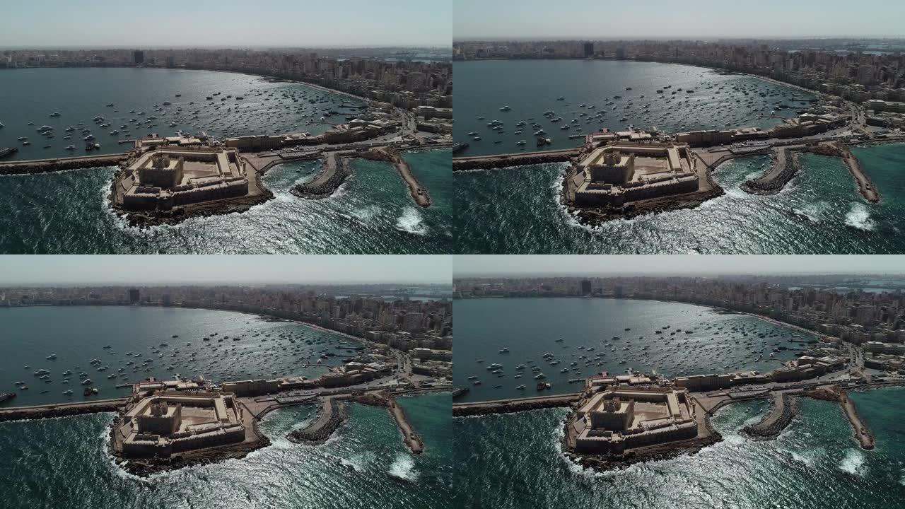 空中无人机在埃及亚历山大市海-Qaitbay城堡上拍摄