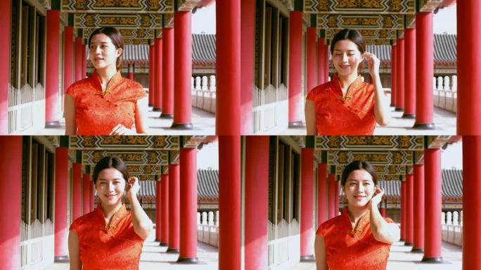 寺庙里穿着中国传统服装的亚洲年轻女子