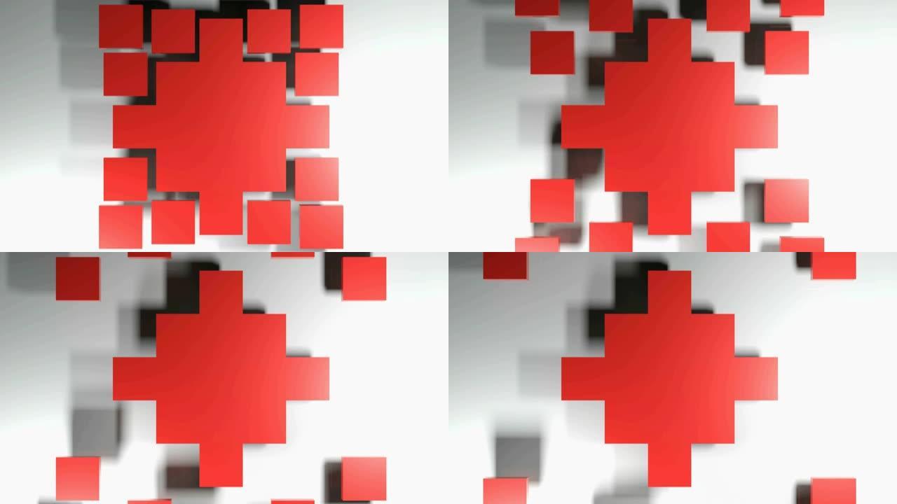 红场在远离中心的许多小方块中破裂-3D渲染插图