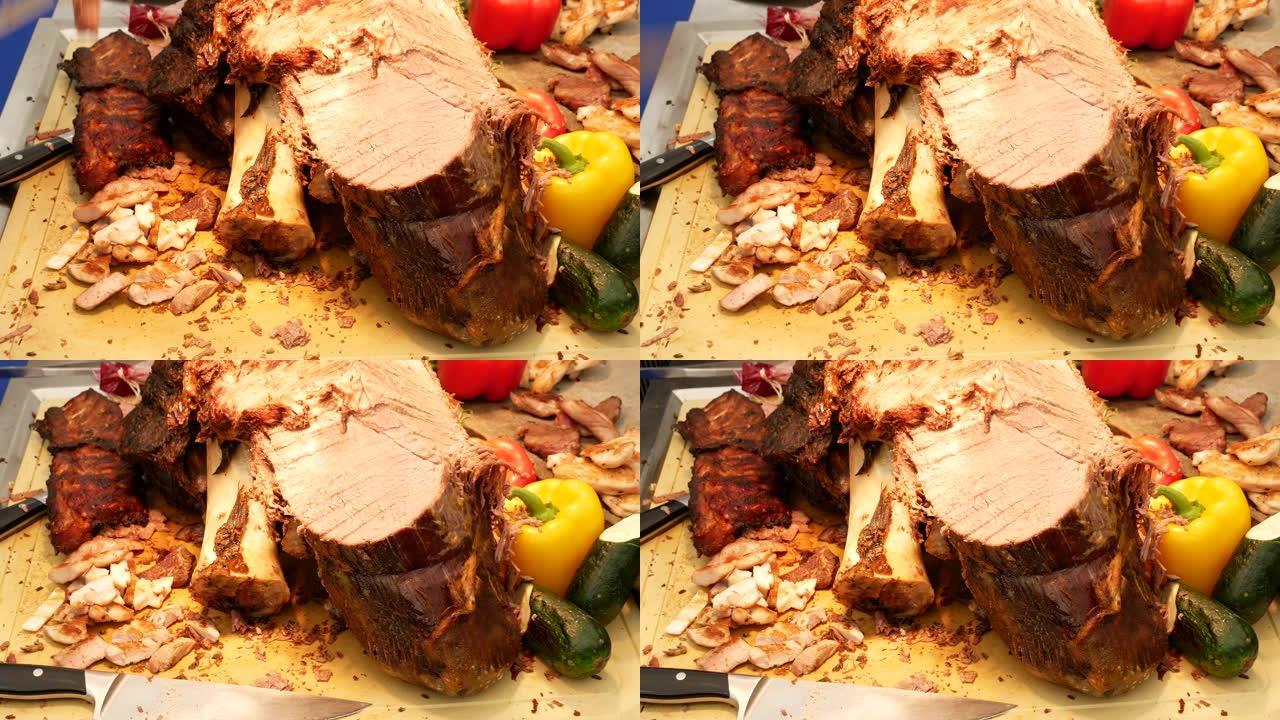 沙朗牛肉烤制雕刻。