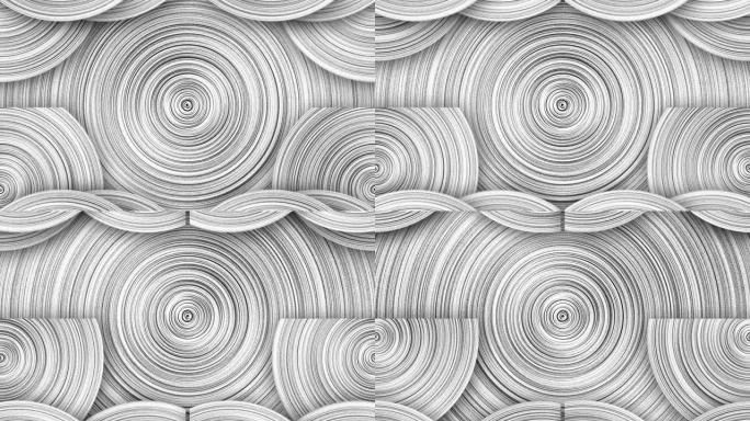 白色螺旋线圈的抽象背景。具有景深的电线。不锈钢质地。黑白螺旋抽象背景。漩涡，旋转，旋转形状。