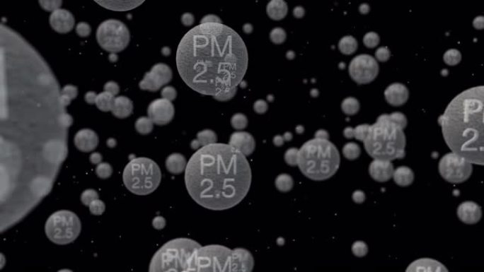 3D渲染，动画的PM 2.5尘埃颗粒标志隔离在黑色背景，烟雾，不良的空气污染。