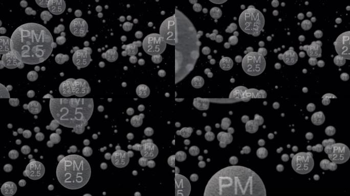 3D渲染，动画的PM 2.5尘埃颗粒标志隔离在黑色背景，烟雾，不良的空气污染。