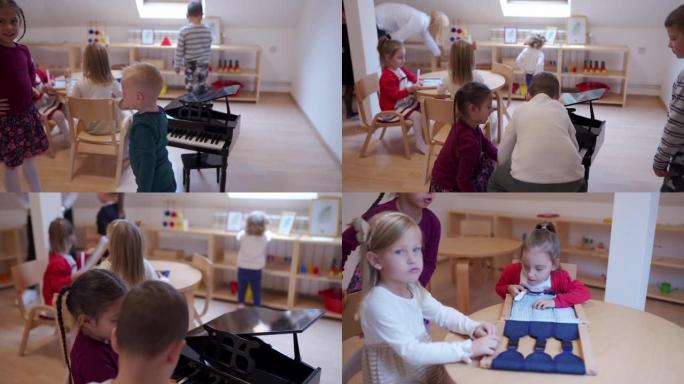 小男孩和女孩在幼儿教室里争论小钢琴