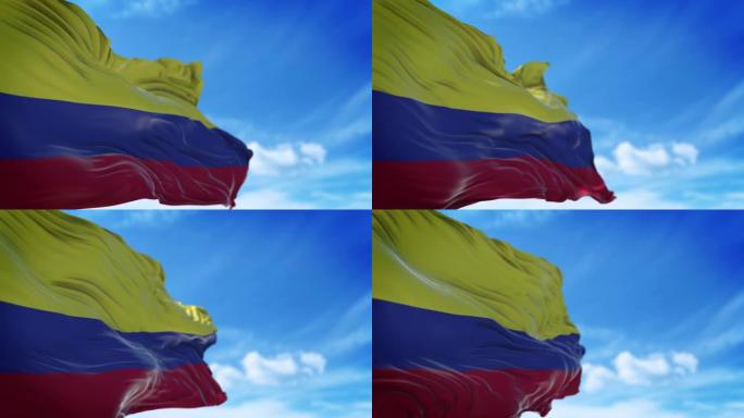 哥伦比亚国旗以4k分辨率在蓝天上缓慢挥舞