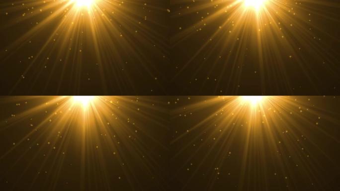 4k金色天堂灯从上面柔和的光学镜头耀斑闪亮的动画艺术背景动画。运动图形自然照明与闪烁的星星效果丰富多