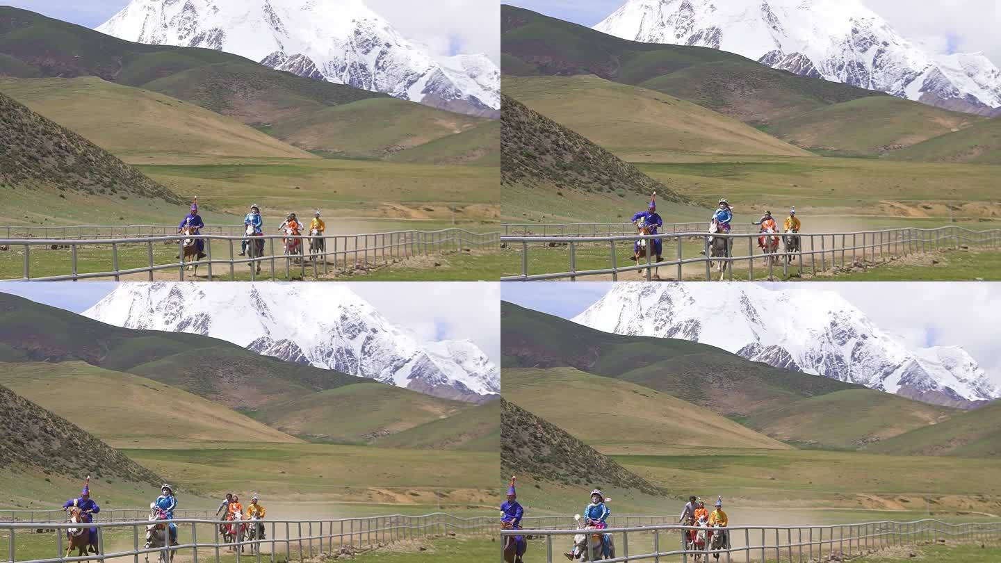 西藏节日 藏族节日 小孩骑马 雪山下赛马