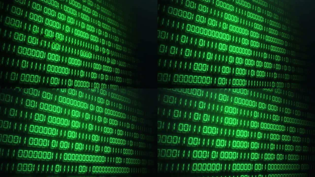 具有视频故障效果的计算机屏幕上的数字二进制代码。绿色数字十六进制软件全球网络。网络安全和黑客中断概念