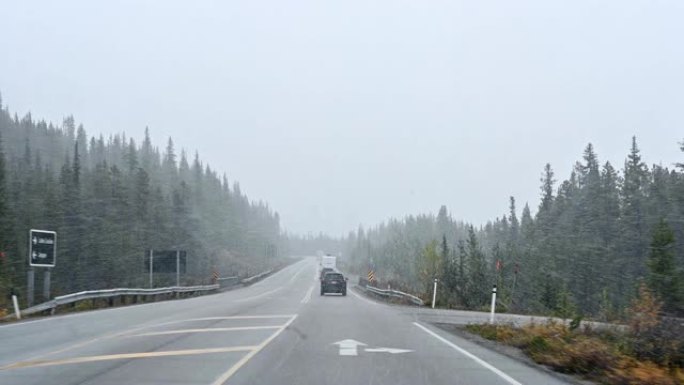 在班夫国家公园松树林的大雪中，汽车在高速公路上行驶