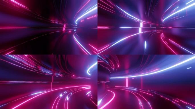 4k环形抽象高科技隧道带霓虹灯，相机飞过隧道，紫色霓虹灯闪烁。赛博朋克或高科技未来风格的科幻背景。未