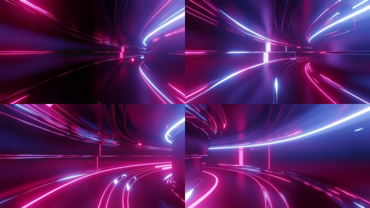 4k环形抽象高科技隧道带霓虹灯，相机飞过隧道，紫色霓虹灯闪烁。赛博朋克或高科技未来风格的科幻背景。未