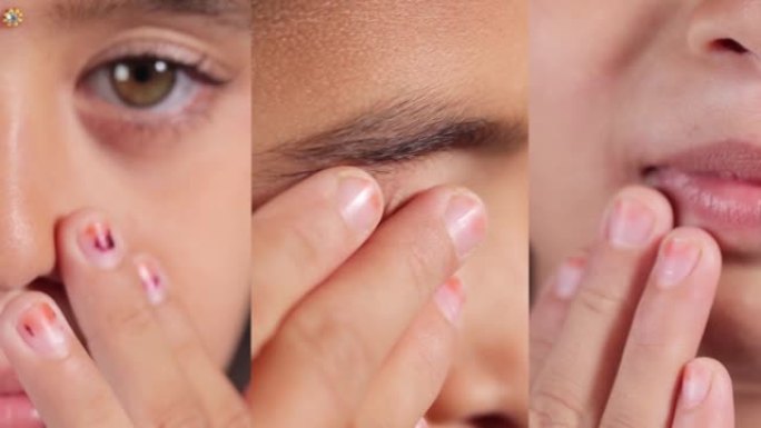 年轻女孩触摸她的鼻子、眼睛和嘴的拼贴画-概念显示避免触摸面部，以保护和防止形式新型冠状病毒肺炎，传染