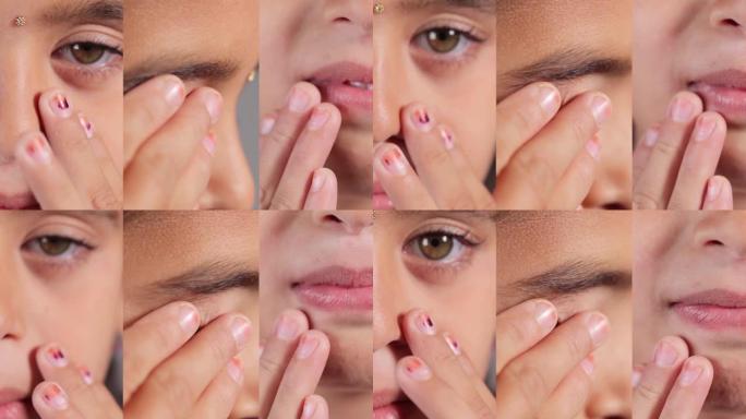年轻女孩触摸她的鼻子、眼睛和嘴的拼贴画-概念显示避免触摸面部，以保护和防止形式新型冠状病毒肺炎，传染