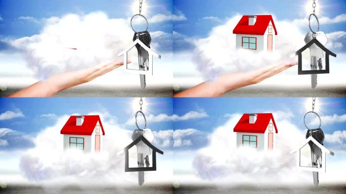 房子钥匙和钥匙扣挂在背景云中的3d房子模型上