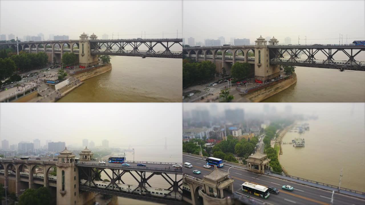 日武汉市著名交通长江桥湾空中全景4k倾斜换挡中国
