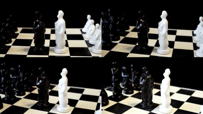 黑白棋盘上的白色和黑色棋王的身影彼此相对。斯拉夫男子-哥萨克形式的棋子。特写。轮动。概念。4K