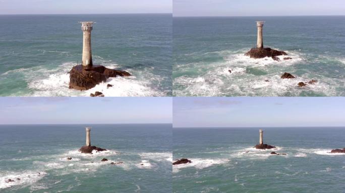 海洋中的岩石上的灯塔，海浪和直升机停机坪