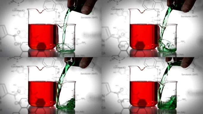 前景中具有化合物的数据和结构式的实验室烧杯