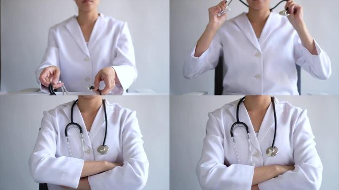 在诊所使用立体镜的女性医生的慢动作。医疗保健概念。4k