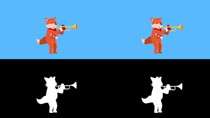 卡通小狐狸扁平圣诞人物音乐播放小号动画包括哑光