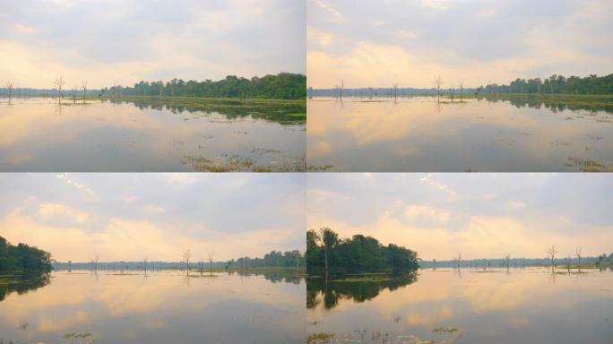 柬埔寨暹粒吴哥窟综合体内阿波安湖池塘美丽的自然景观。