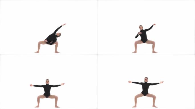 强壮的运动女人在蹲下进行伸展运动。专业体操或普拉提概念。孤立，在白色背景上