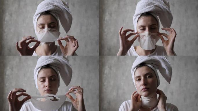 一名年轻女子从脸上取下保湿面膜，然后将其重新涂在脖子上。美容，护肤，美容程序
