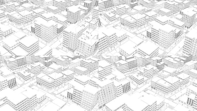 浅色背景上素描风格的3d城市绘图。商业背景。城市景观草图。艺术办公室。线条艺术插图。4k