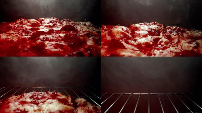 超特写广角微距拍摄美味热气腾腾的深盘意大利辣香肠比萨饼新鲜出炉在加热灯下的冷却架上，多莉相机拍摄向后