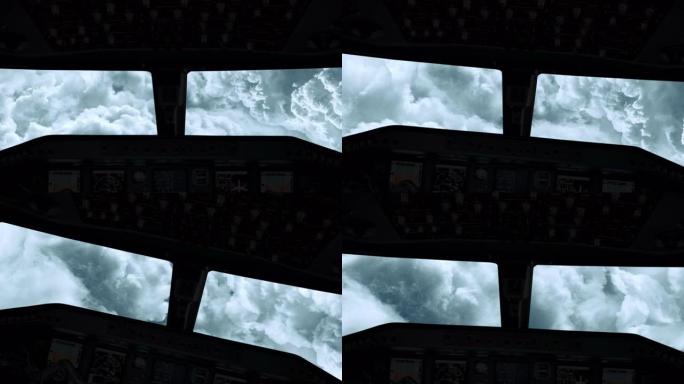 飞机驾驶舱的视野直飞穿过云层，同时向右转，然后回到中心