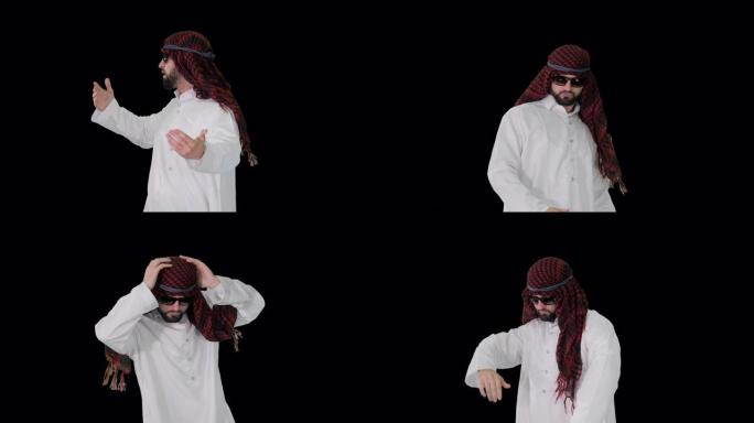 戴墨镜的英俊阿拉伯酋长跳些很酷的舞蹈，阿尔法频道