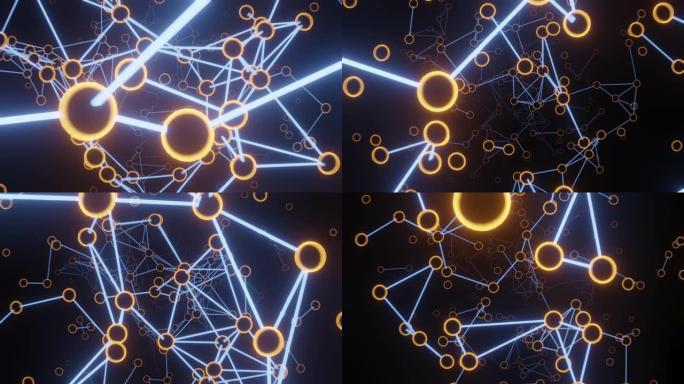 3D无限粒子循环抽象全球网络中的通信，寻找客户关系。带有环的霓虹灯链接。