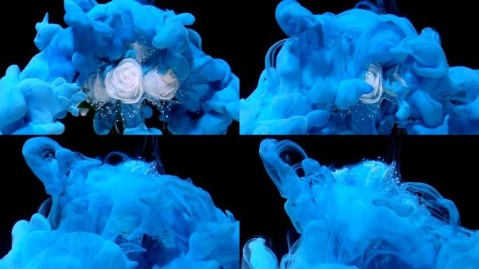 美丽的婚礼花束的白色玫瑰和蓝色水彩墨水在水中的黑色背景。