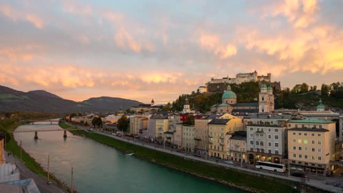 4k分辨率从白天到晚上的延时，萨尔茨堡是欧洲奥地利最著名的旅游城市之一。有霍恩萨尔茨堡、萨尔察赫河和