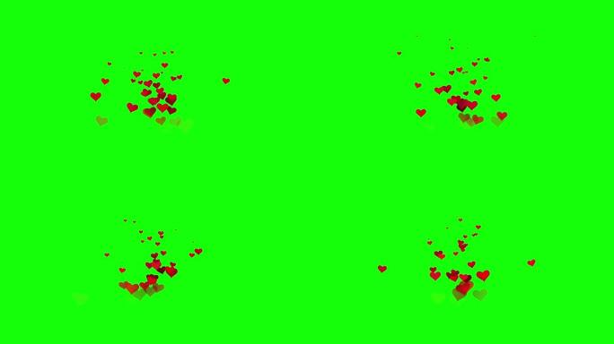 无缝循环许多红心粒子情感淡入绿色屏幕背景。彩度键上的图标五彩纸屑和抽象粒子，用于装饰模板元素。情人节