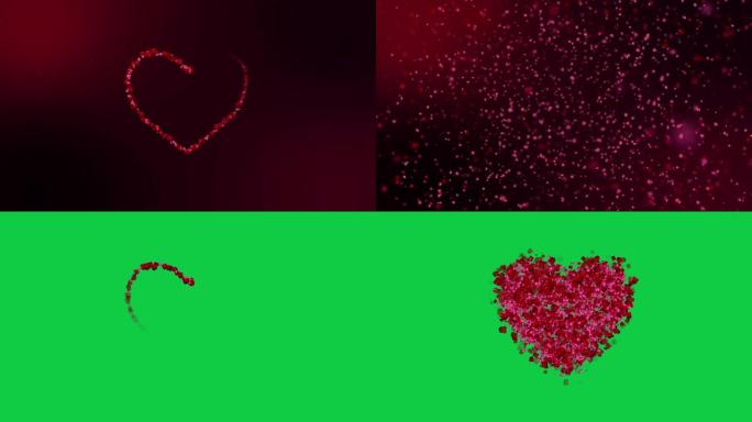 3D渲染，情人节动画，母亲节节日和豪华之心。玫瑰花瓣颗粒形成心形。深红色粉色和绿色屏幕背景。