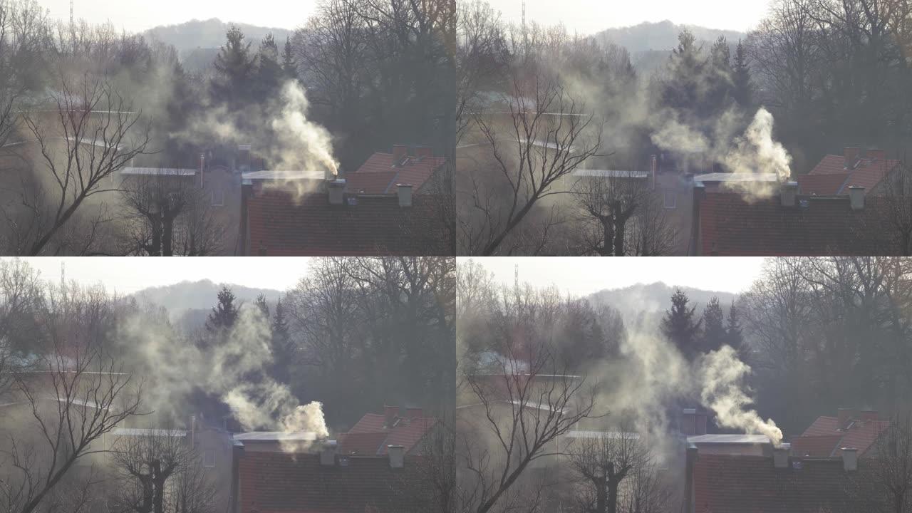 冬季，从住宅烟囱中冒出的烟雾相反