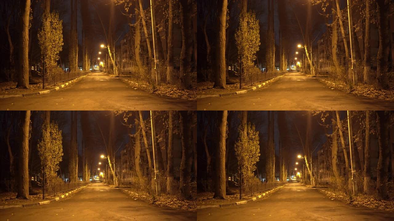 辛菲罗波尔空荡荡的城市街道，在秋天的夜晚有路灯。