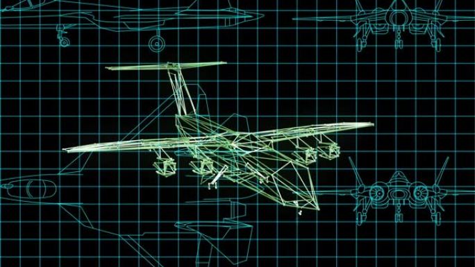 动画显示了飞机设计的技术图，并绘制了详细的飞机3d模型