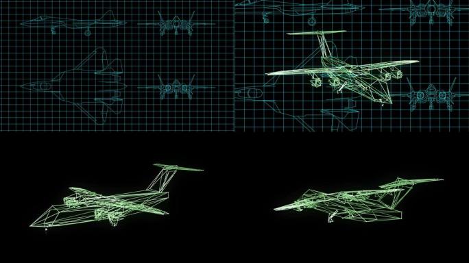 动画显示了飞机设计的技术图，并绘制了详细的飞机3d模型