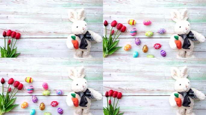 复活节彩蛋，花和兔子娃娃定格动画。