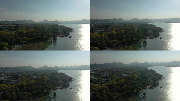 杭州著名湖海岸线空中全景4k中国晴天飞行