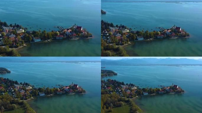 博登湖旁的Wasserburg村庄的鸟瞰图