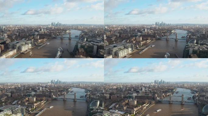 伦敦市中心空中全景: 金融区、泰晤士河、贝尔法斯特、摩天大楼、华夫和建筑物以及圣保罗大教堂、塔桥和塔