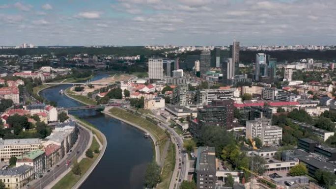 立陶宛维尔纽斯-2019年7月: 穿越维尔纽斯工业区和古区的内瑞斯河的鸟瞰图。