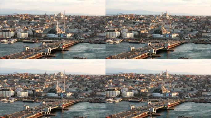 蓝色清真寺和马尔凯·耶尼·卡米在晚上。傍晚在黄金时段，大框架的伊斯坦布尔大教堂和金角海峡