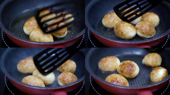 用罗望子酱或糖醋蛋 (Son In Law Eggs) 制成的煎煮蛋是泰国著名的食物。热锅里的鸡蛋。